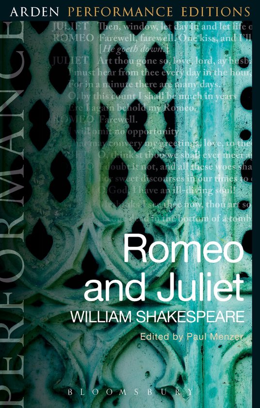 Couverture du livre 'Roméo et Juliette' de William Shakespeare, édité par Paul Menzer, publié par Bloomsbury. Texte avec une bordure ornementale bleu-vert et un aspect partiellement altéré.
