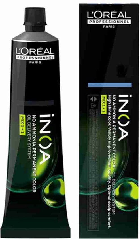 Zwarte tube en doos L'Oréal Professionnel INOA permanente haarkleur zonder ammoniak, met gele accenten.