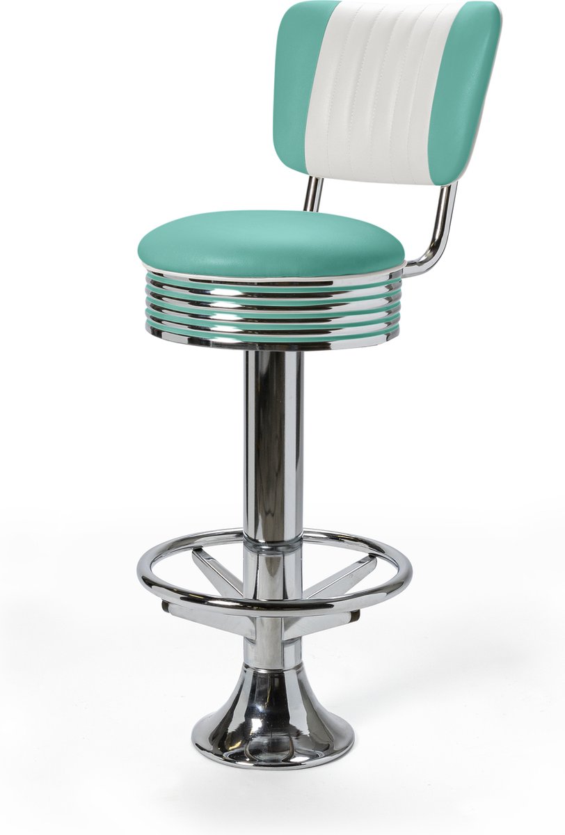 Bel Air Casey - Retro Barkruk met Rugleuning en Voetensteun - BS-27 - Turquoise op Chrome