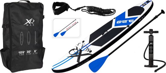 XQMax SUP Board - Opblaasbaar Paddle Board - Complete Set R- Met Pomp / Draagtas / Verstelbare Peddel / Enkelkoord / Reparatiekit - Max. 150KG - 320x76x15cm - Blauw