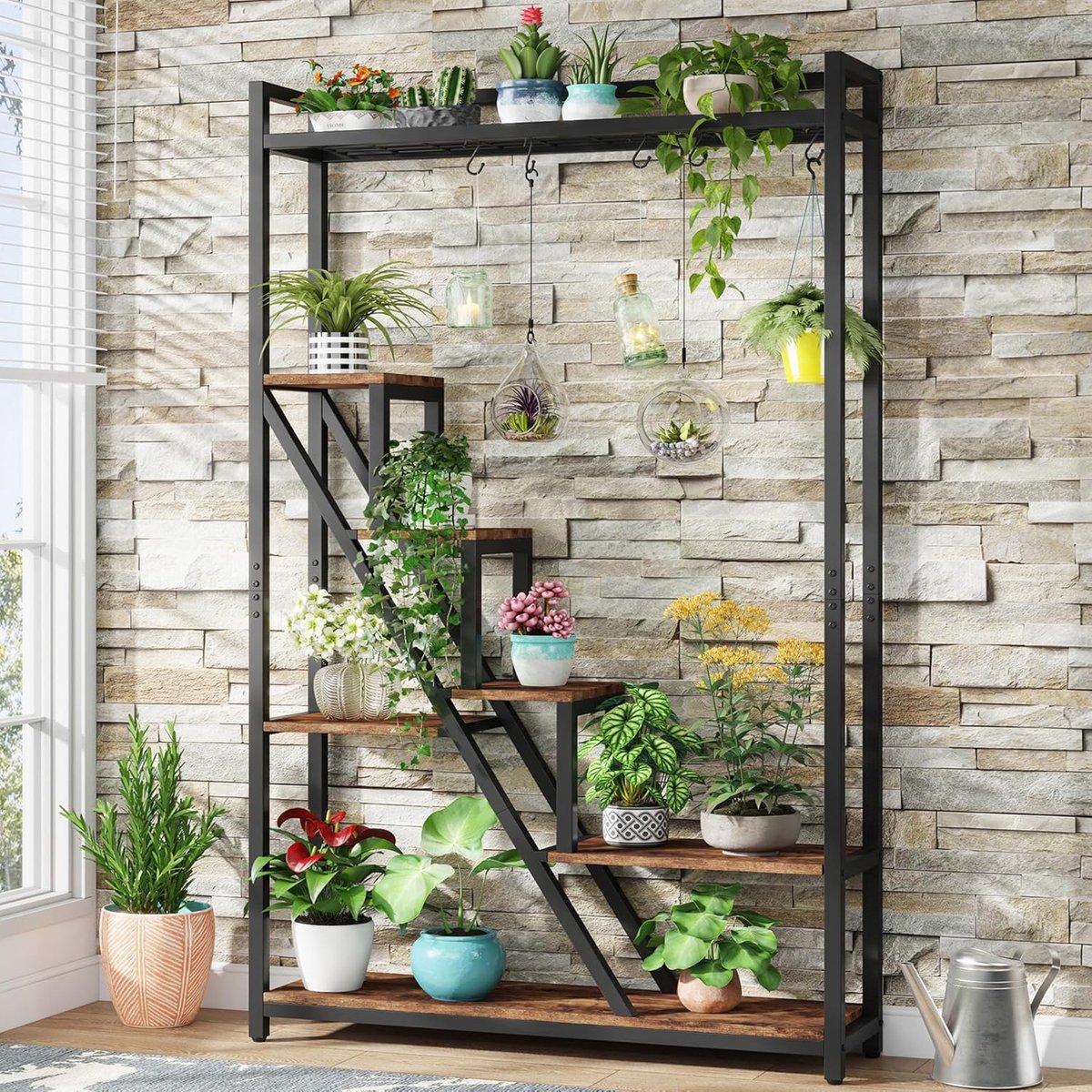 Tribesigns Plantenrek - Plantenstandaard - Plantenrek voor binnen - Plantenrek met 7 niveaus en 5 S-haken - Bruin Zwart - 105 x 30 x 180 cm