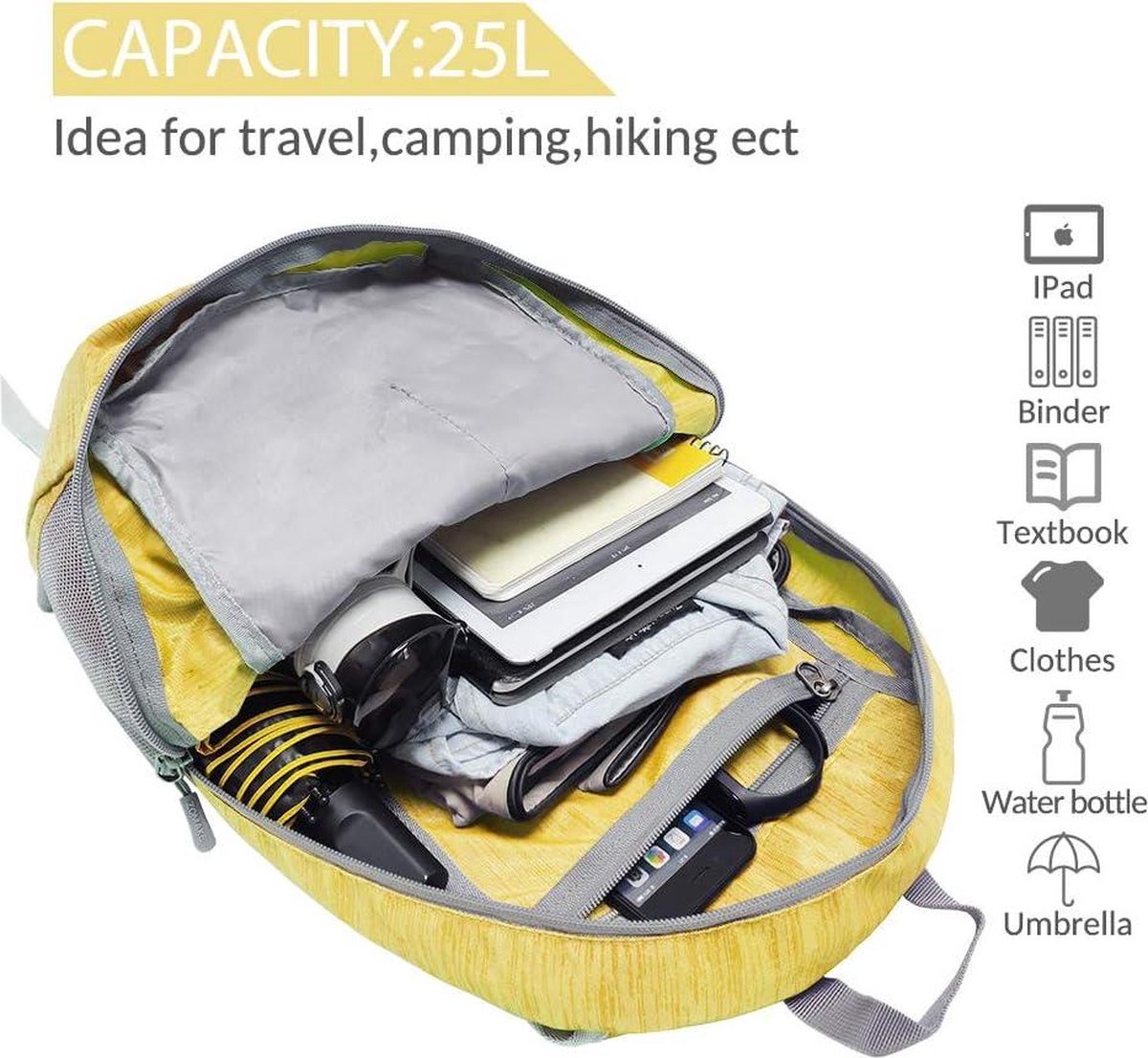 25 liter ultralichte opvouwbare rugzak, uniseks outdoorrugzak