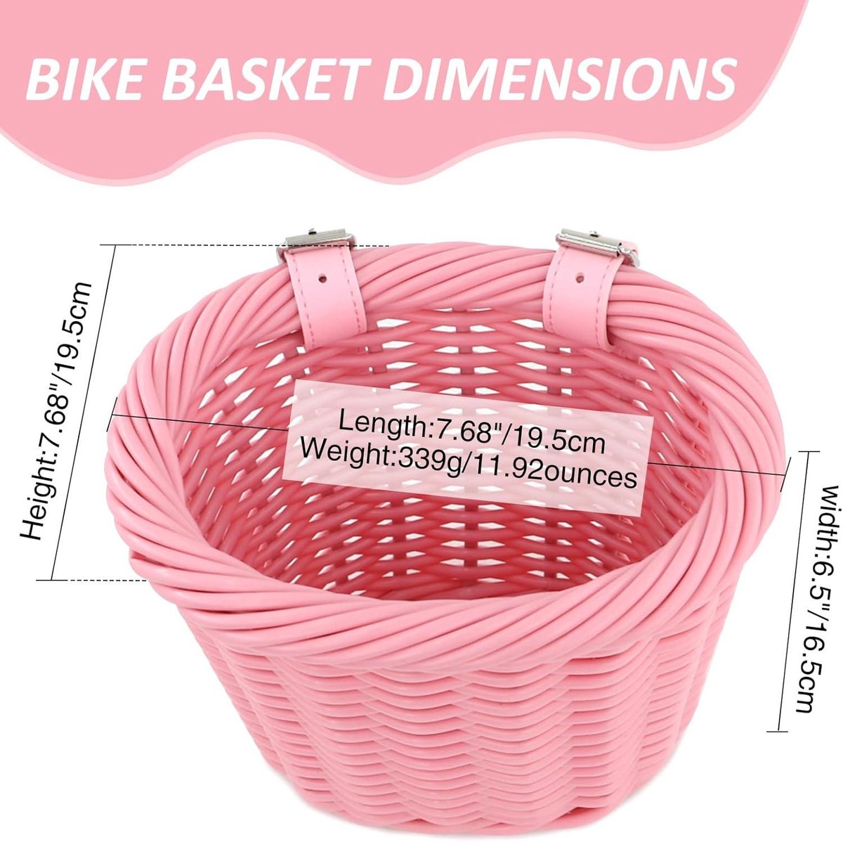 Fietsmand gevlochten voor meisjes - verstelbare fietsmand met leren banden - mini-stuurmand voor kinderfiets roze