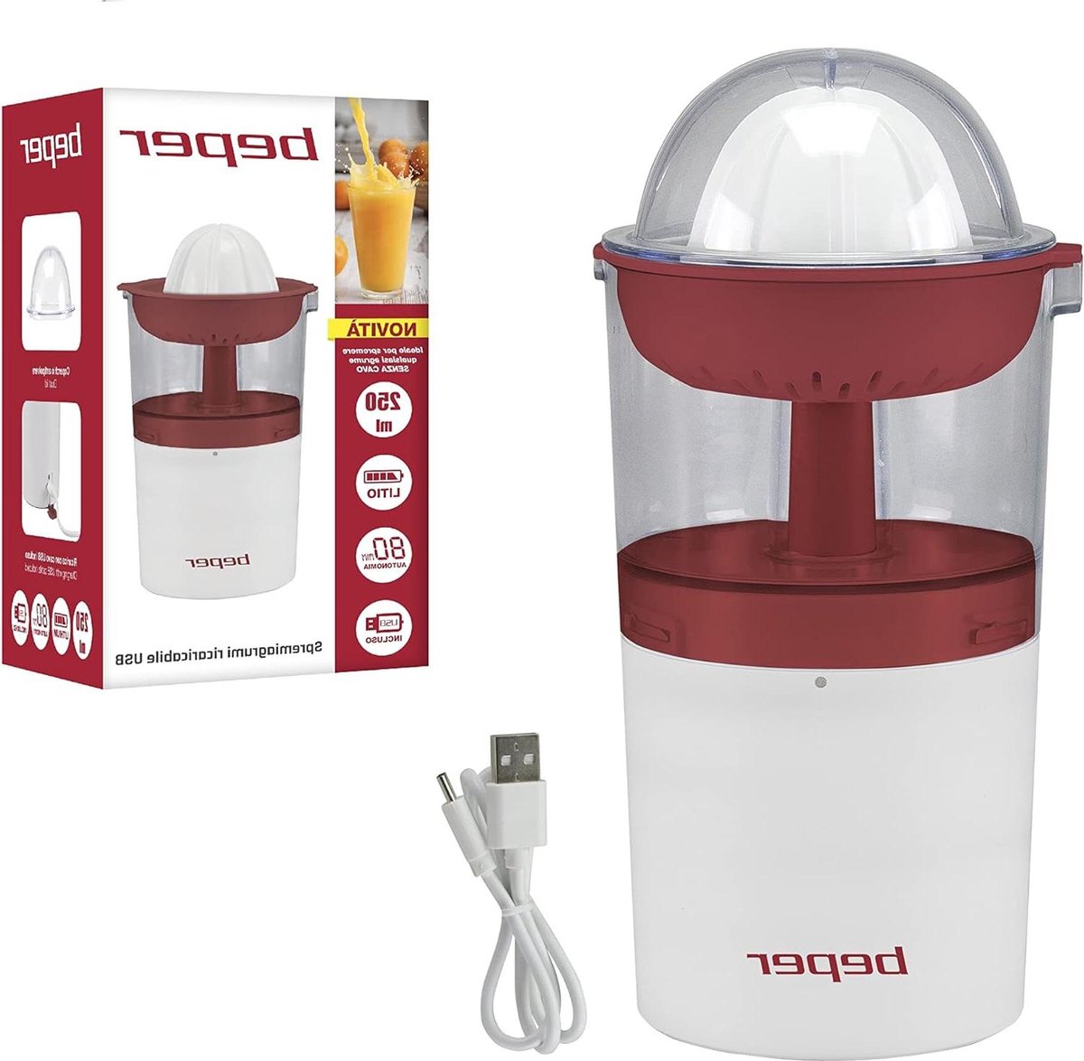 Elektrische sapcentrifuge oplaadbaar 250 ML 20W USB-kabel rood-wit