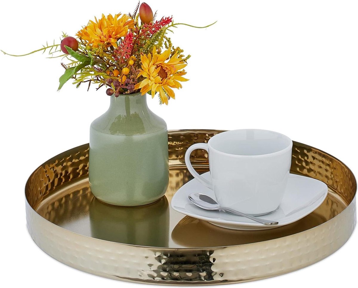 Rond modern design dienblad - 4 x 32 cm - RVS - Decoratief serveerschaal - Koffie & thee - Goud