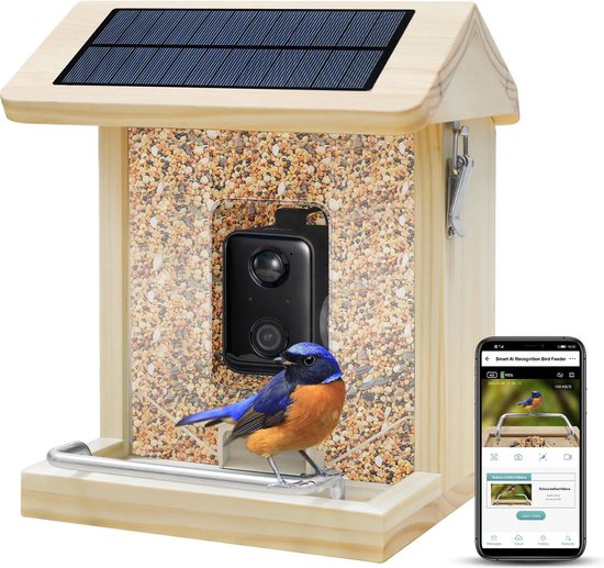 Vogelvoederhuisje - Vogelhuisje met Camera - Hout - AI vogelherkenning - 1080 HD - Audio - Met zonnepaneel