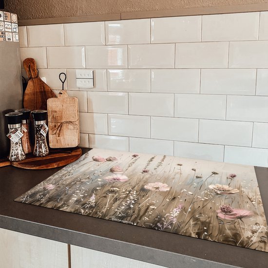 KitchenYeah® Protection plaque induction 77x51 cm - Fleurs - Beige - Fleurs sèches - Protege plaque de cuisson - Couvre plaque induction - Protecteur d'induction - Cuisine