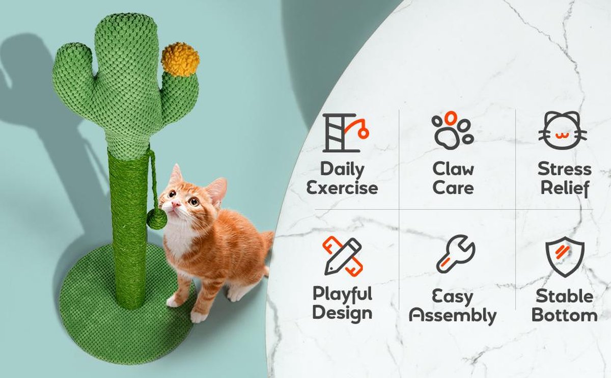 Jake and Jacky Krabpaal voor Katten Cactus Groen - Krabmeubel - met Kattenspeeltje - H 65cm