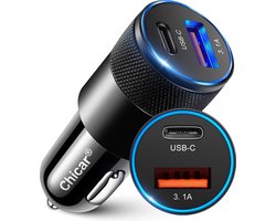 Chicar® Autolader Met LED - USB A & USB C - Autolader USB-C - Snellader - 68W - 3.1A - Auto Oplader USB - 2 Poorten - Sigarettenaansteker - Zwart