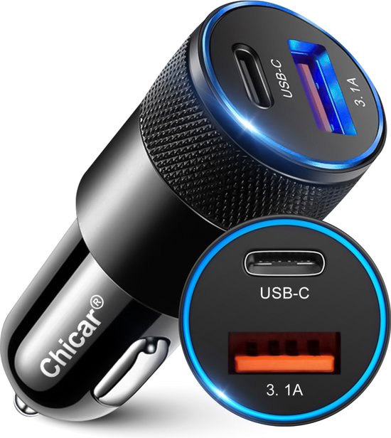 Chicar® Autolader Met LED – USB A & USB C – Autolader USB-C – Snellader – 68W – 3.1A – Auto Oplader USB – 2 Poorten – Sigarettenaansteker – Zwart