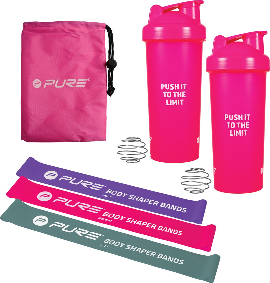 Goedkoopste Pure2Improve Shakebeker met 3 Weerstandsbanden - 2x Shaker 700 ml - weerstandsbanden set roze