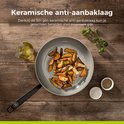 Grijze koekenpan gevuld met gebakken aardappelpartjes. Keramische anti-aanbaklaag voor koken met minimale olie.
