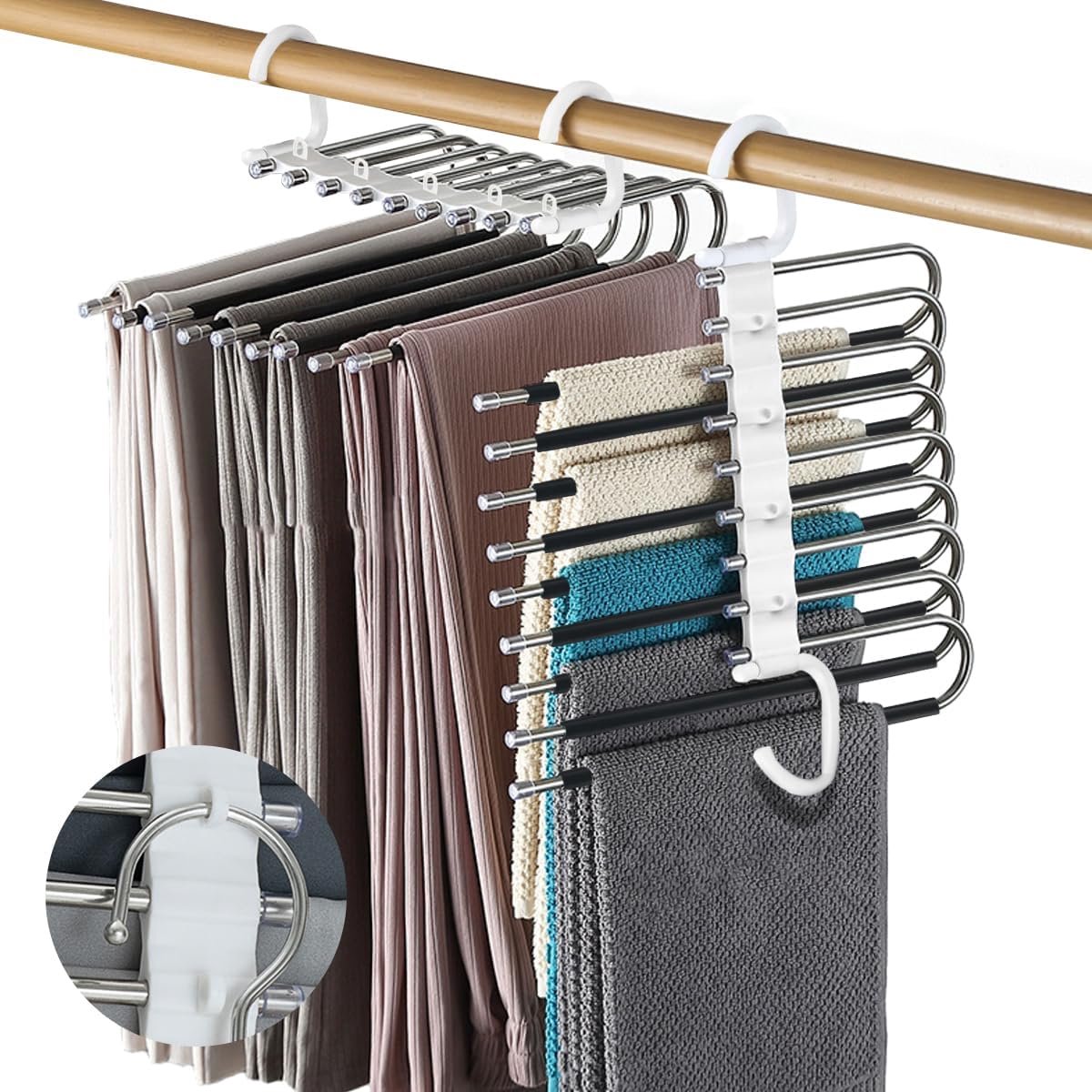 Ruimtebesparende kleerhangers, set van 2 multihangers, antislip opvouwbaar, broekhangers met 9 niveaus, klemhangers voor broeken, sjaals, jeans, kleding, handdoeken