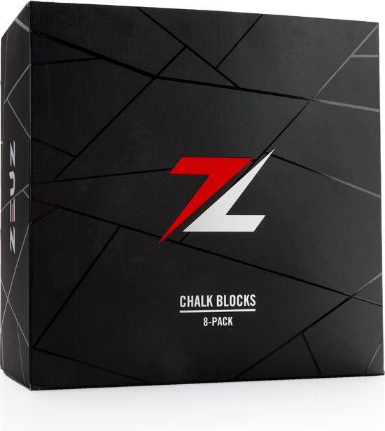 Zwarte doos met geometrisch patroon, ZEUZ logo en 'Chalk Blocks 8-Pack'.