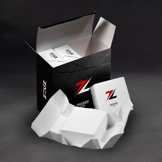 Zwarte doos met ZEUZ logo, open met twee verpakte magnesium blokken eruit.