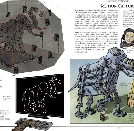 Diagramme d'un mammouth et d'un insect mécanique sur un écran, avec un mammouth et un robot à proximité.