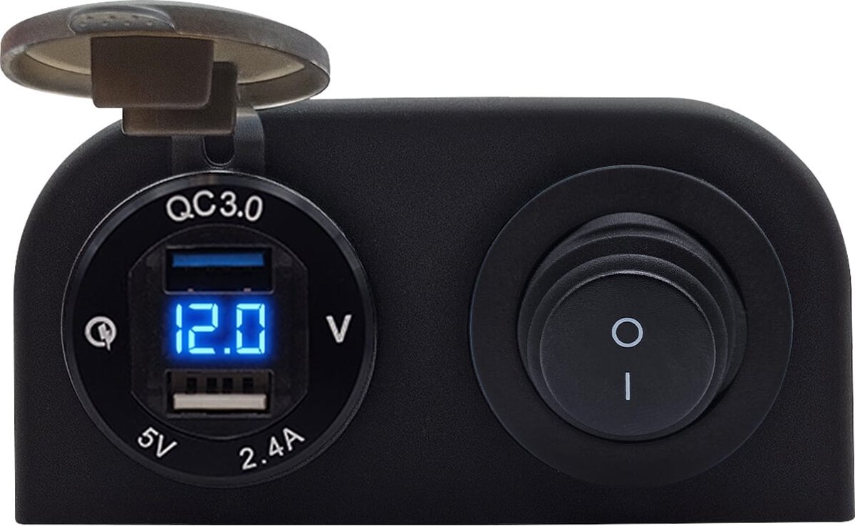 ProRide 12V USB Autolader 2 Poorten Opbouw met Voltmeter - 5V/2.4A - DS2114B - Tweevoudig opbouw - Blauw
