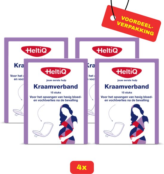 Vier pakken Heltiq Kraamverband met 15 stuks per stuk. Illustratie van zwangere vrouw en baby.
