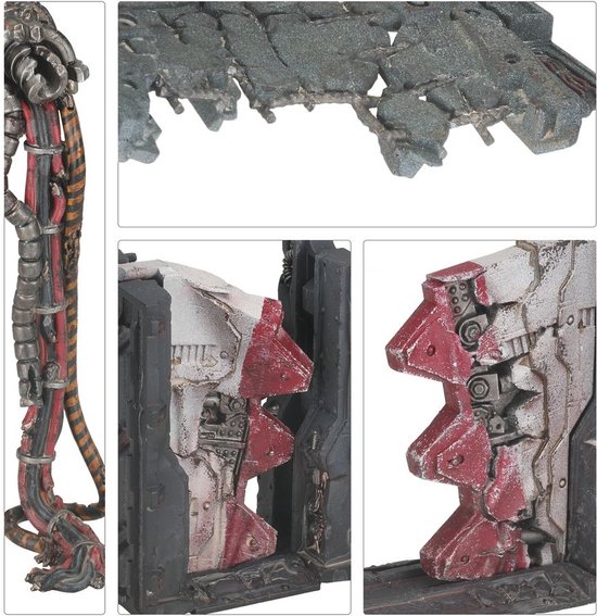 Close-ups van Necromunda Ruined Zone Mortalis onderdelen, waaronder een kabelbundel en rood-witte structuren.