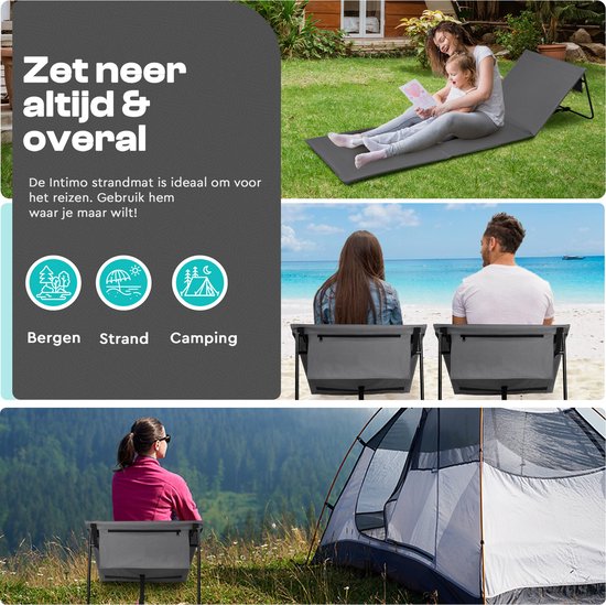 Collage: Gezin op strandmat in tuin. Strandmatten op het strand. Vrouw op strandmat in de bergen. Tekst: Zet neer altijd & overal.