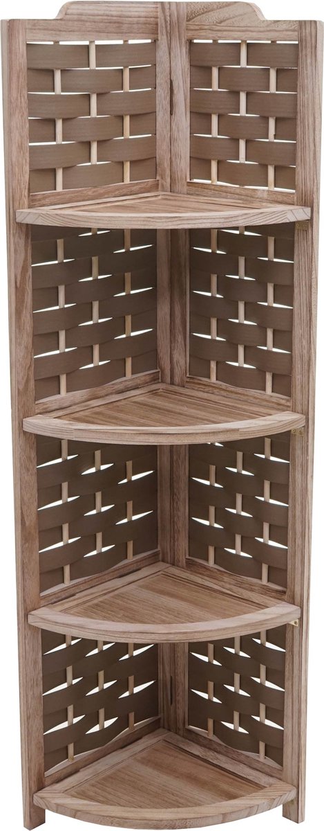 Hoekplank MCW-K85, staande plank, opklapbaar 4 planken, paulowniahout 110cm ~ bruin, vlechtwerk bruin