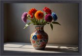 Kleurrijke bloemen in vaas schilderijen - Bloemen portret - Schilderijen canvas Natuur - Wanddecoratie modern - Muurdecoratie canvas met baklijst - Slaapkamer wanddecoratie canvas met baklijst 90x60 cm