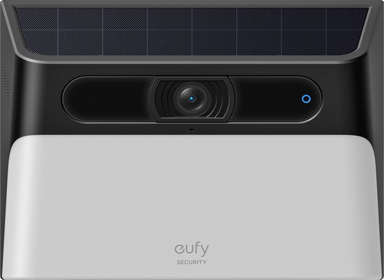 Vooraanzicht van de Eufy Security solar wandlamp camera. Zwart met wit licht en zonnepaneel bovenop.
