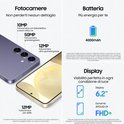 Détails du Samsung Galaxy S24 : caméras avec spécifications et batterie de 4000mAh, plus un écran Dynamic AMOLED 2X FHD+ de 6,2 pouces.
