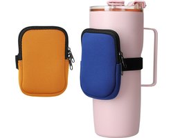 kwmobile Drinkfles tas voor waterflessen - 2 flessenhouders tassen - Kleine tas met rits en elastiek - Flessenhanger - blauw / oranje