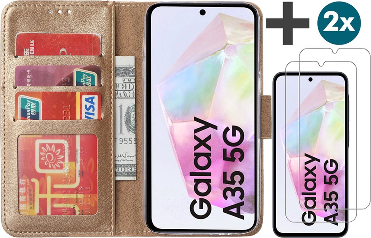 Hoesje met 2 Stuks Screenprotectors Geschikt voor Samsung Galaxy A35 – Arara bookcase met pasjeshouder - Goud