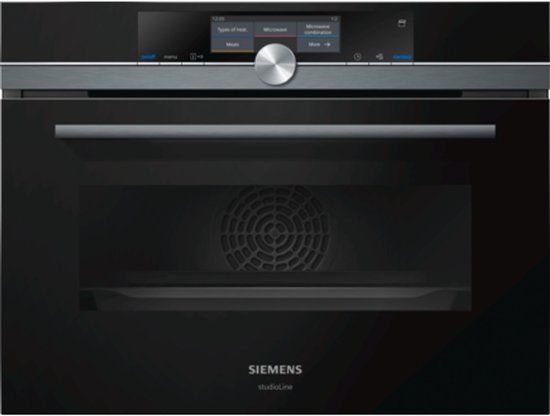 Siemens studioLine combi-oven met digitaal display en draaiknop. Zwart met open oven.