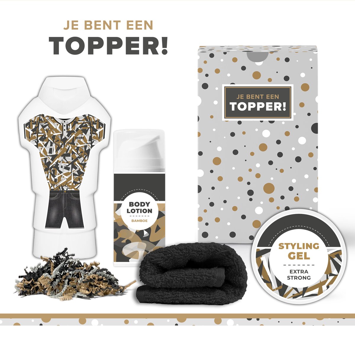 Goedkoopste Geschenkset Je bent een topper - 4 producten - 700 gram | Cadeau voor Hem - Bedankt Cadeautje Man - Wellness Pakket Stylinggel Douchegel Bodylotion - Stoer Giftset Vaderdag Verjaardag Geschenk Gift Set Trainer Coach Docent Winnaar Geslaagd Bedankt