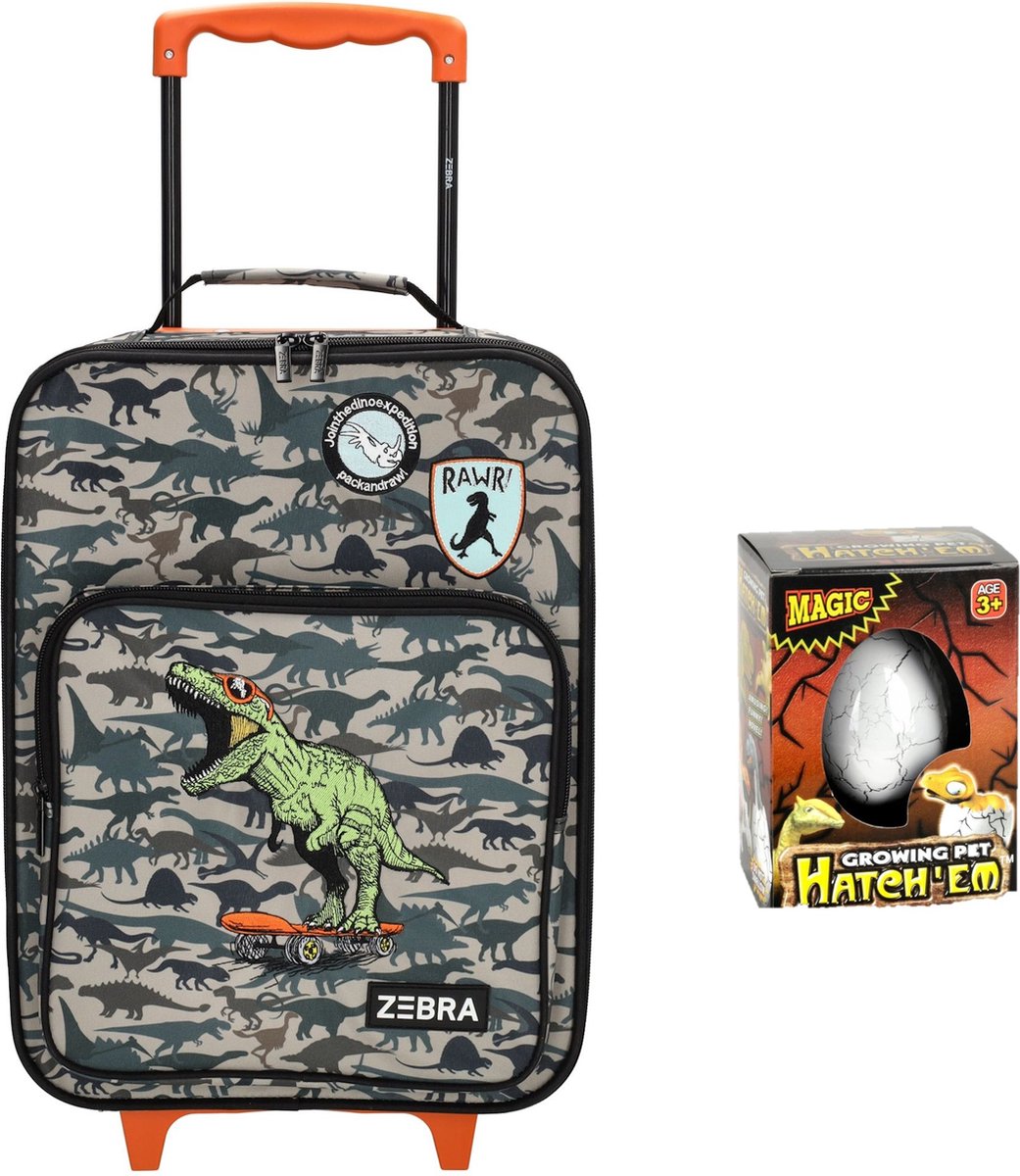 Zebra Koffer Trolley Dino T-rex - kinderkoffer Dinosaurus - handbagage koffertje jongen + Dino Ei