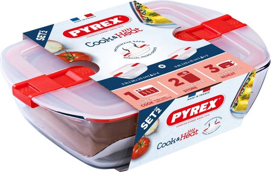 Pyrex - Récipient alimentaire Cook & Heat rectangulaire avec couvercle 2 pièces - Transparent - Verre borosilicate