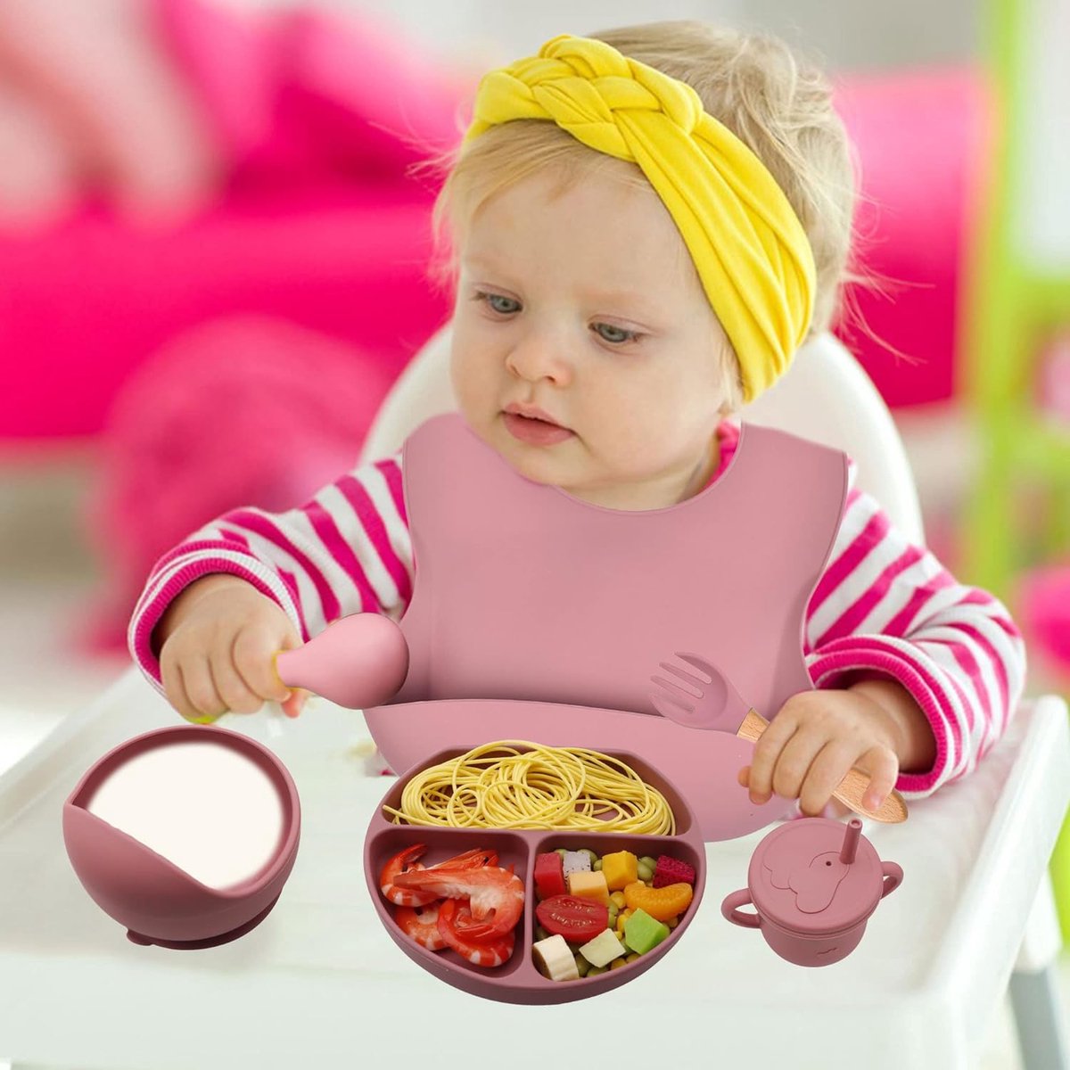 Goedkoopste Babybord met Zuignap Siliconen Kinderbord Voederset Kinderen 8 Delig Roze Babyslabbetje Antislip Babyservies Plaat Kommen Bordenset Set Peuterbordjes Vork Lepel BPA-vrij, Peuters Meisjes