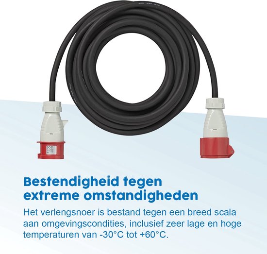 Zwart verlengsnoer met twee rode en witte 400V CEE 5-polige stekkers.
