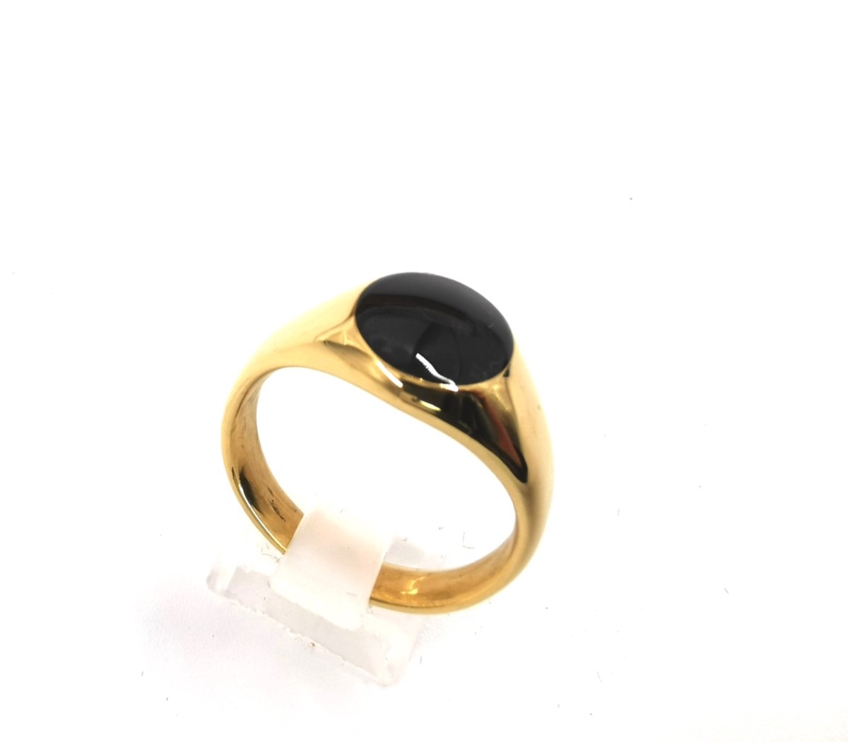Zegelring - Chique - Roestvrijstaal - Goudkleurig - zwart steen - ovaal - maat 19 - Unisex