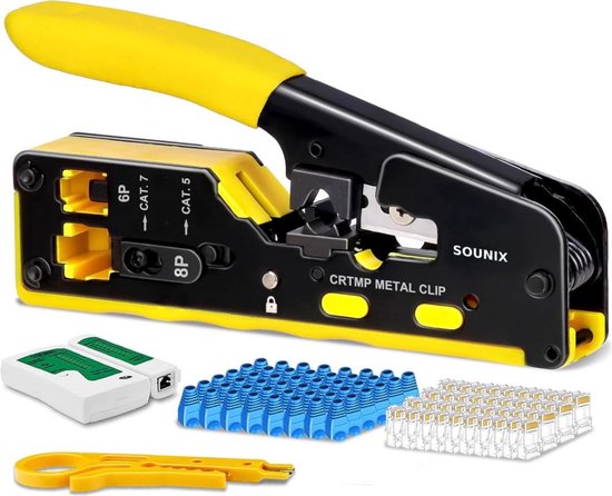 Foto: Sounix netwerk tester set kabeltester voor cat 5 cat 6 cat 7 krimptang stripper utp ftp stp rj45 rj11 testers geel