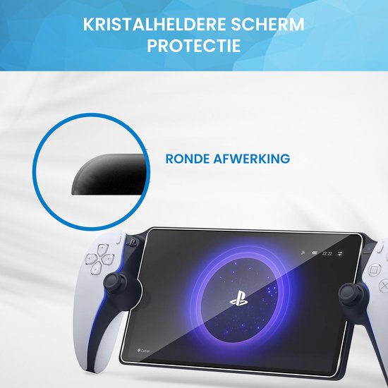 Een Playstation Portal met controllers, met een transparante screenprotector. "Kristalheldere scherm protectie". "Ronde afwerking".