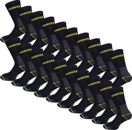 Douze chaussettes de travail noires avec inscription jaune "WORKER" et accents jaunes.