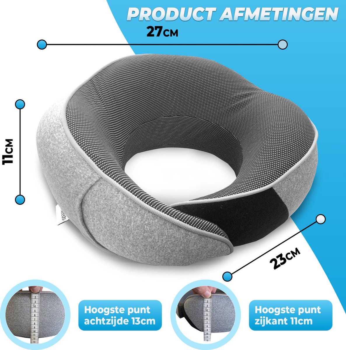 JEMIDI memory foam nekkussen - Reiskussen met opbergzak - Lichtgewicht ergonomisch ontwerp - Voor in het vliegtuig en in de auto - Grijs