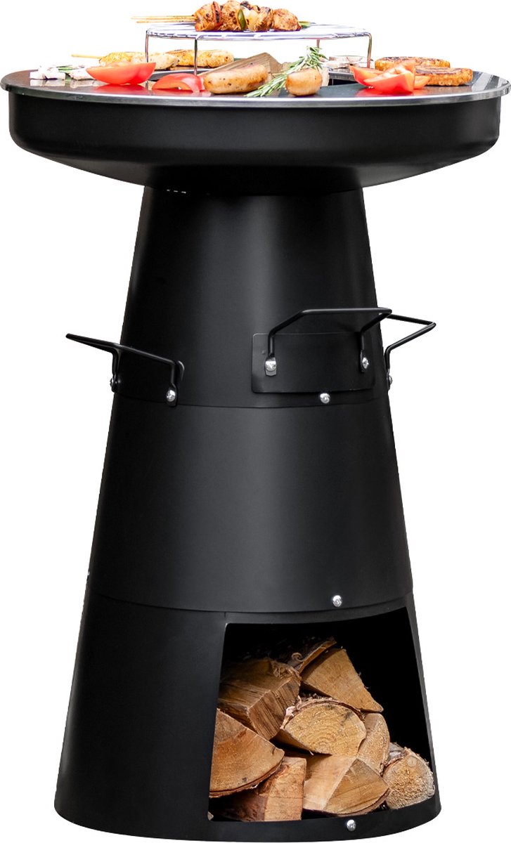 BluMill 3-in-1 BBQ Plancha Vuurkorf – met Brandhout opslag – Tuinhaard – Vuurschaal - 58 x 83 cm – Plancha Ø58 - Grillrooster Ø25 cm – Zwart – Staal op Prijzenvolger.com