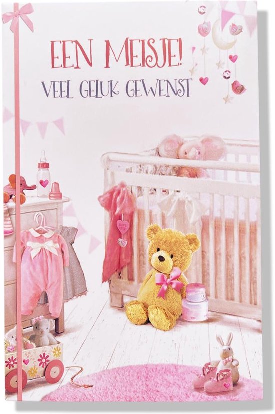 Geboortekaartje met roze babykamer, "EEN MEISJE! VEEL GELUK GEWENST"