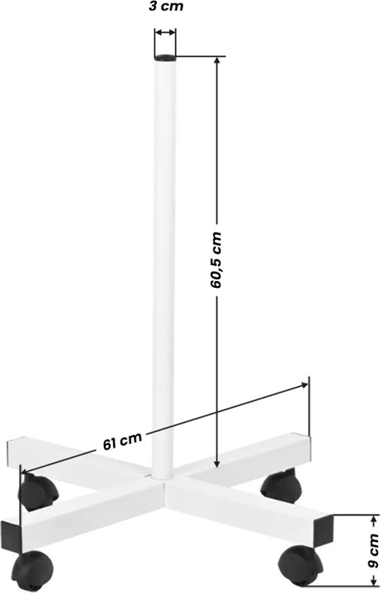 Witte rolvoet voor loeplamp met vier zwenkwielen en afmetingen: 61cm breed, 60.5cm hoog.