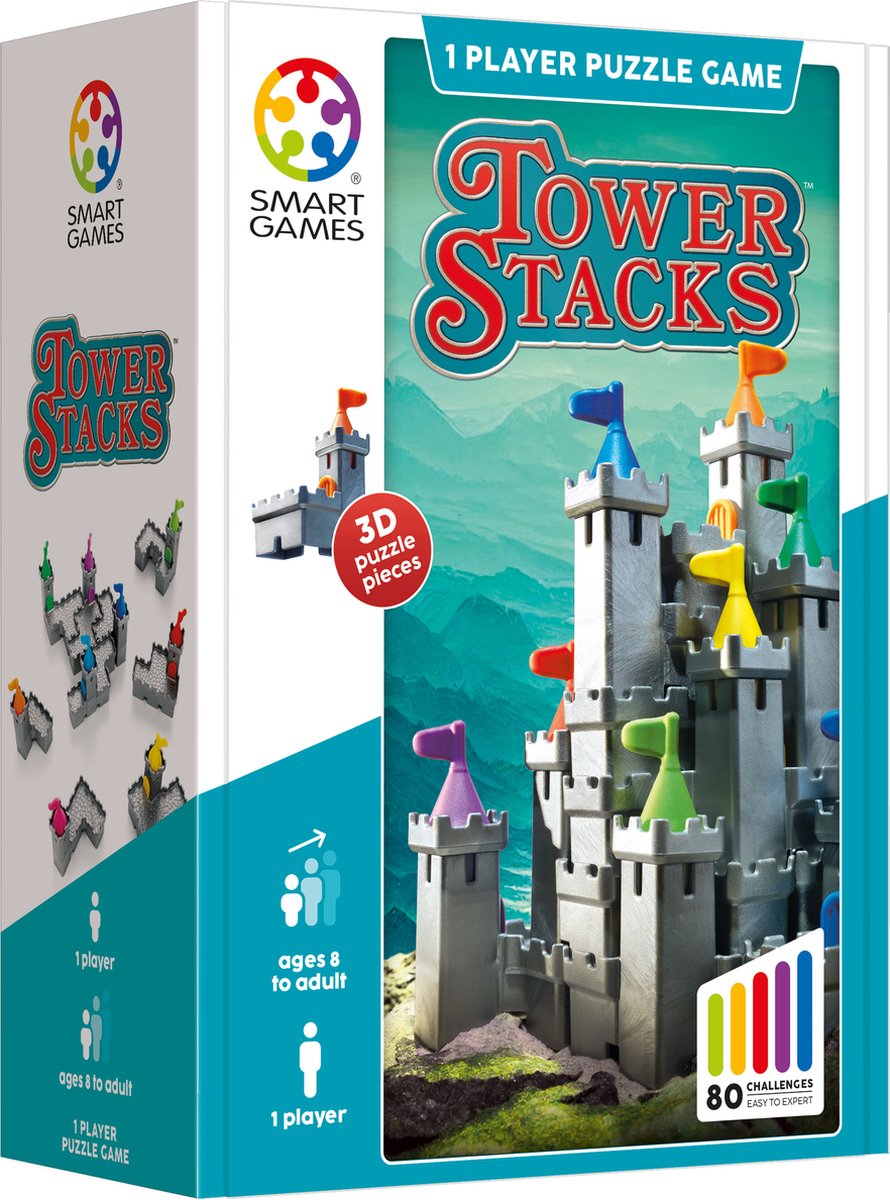 SmartGames - Tower Stacks - 3D denkspel voor 1 speler - 80 uitdagingen - Kasteel - Torens