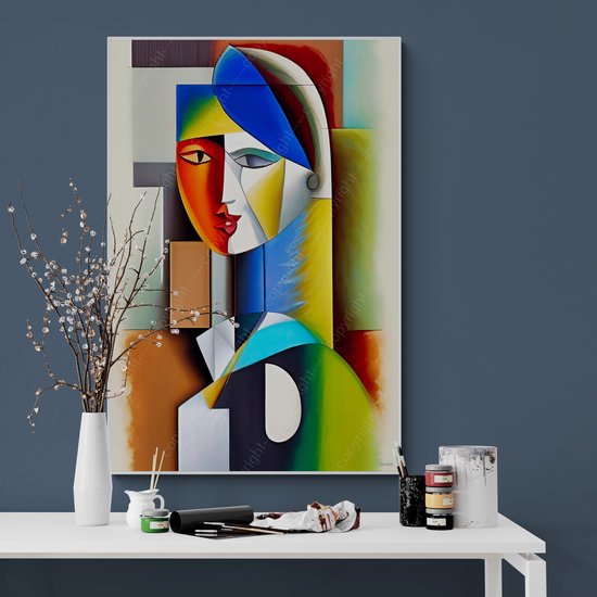 JJ-Art (Glas) 120x80 | Femme cubisme abstrait dans le style Picasso - art - salon - chambre | bleu, marron, rouge, jaune, vert, moderne | Foto-schilderij-glasschilderij-acrylglas-acrylaat-wanddecoratie | CHOISISSEZ VOTRE TAILLE