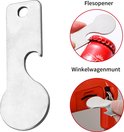 Zilverkleurige flesopener en winkelwagenmunt, metalen uitvoering, voor het openen van flessen en winkelwagentjes.