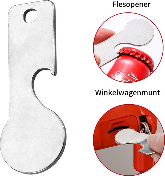Zilverkleurige flesopener en winkelwagenmunt, metalen uitvoering, voor het openen van flessen en winkelwagentjes.