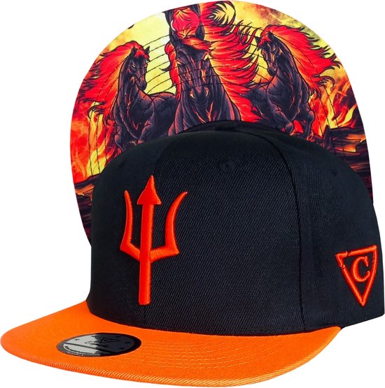 Capiche® Snapback Pet Heren – Aethon Brandende Paarden – Zwart & Oranje – Verstelbaar met Druksluiting – Sportcap – Baseball Cap – Capiche Caps
