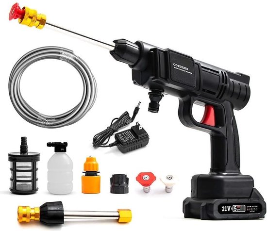 Mulcort Hogedrukreiniger op batterij, draadloos, 6-in-1, spray, 60 bar, 300 W, krachtige wasmachine met oplaadbare batterij